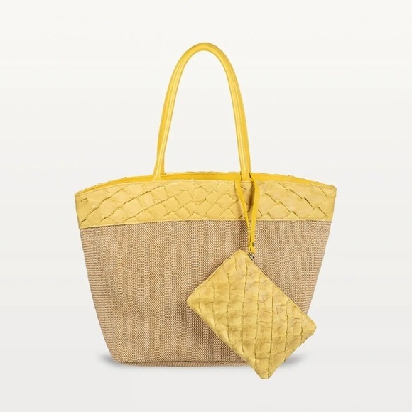 Piper & Skye Handbags - Piper & Skye Rio Beach Bag in Honey Yellow Pirarucu Leather Raffia Large Tote